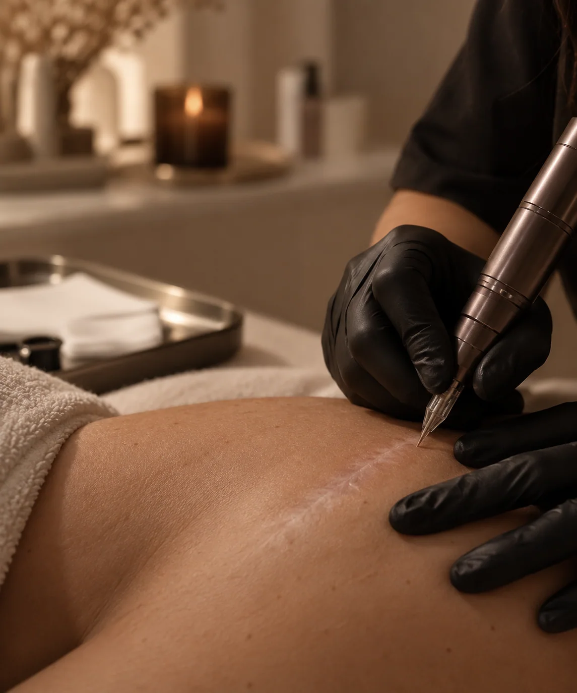 Geste de dermopigmentation réparatrice sur une cicatrice