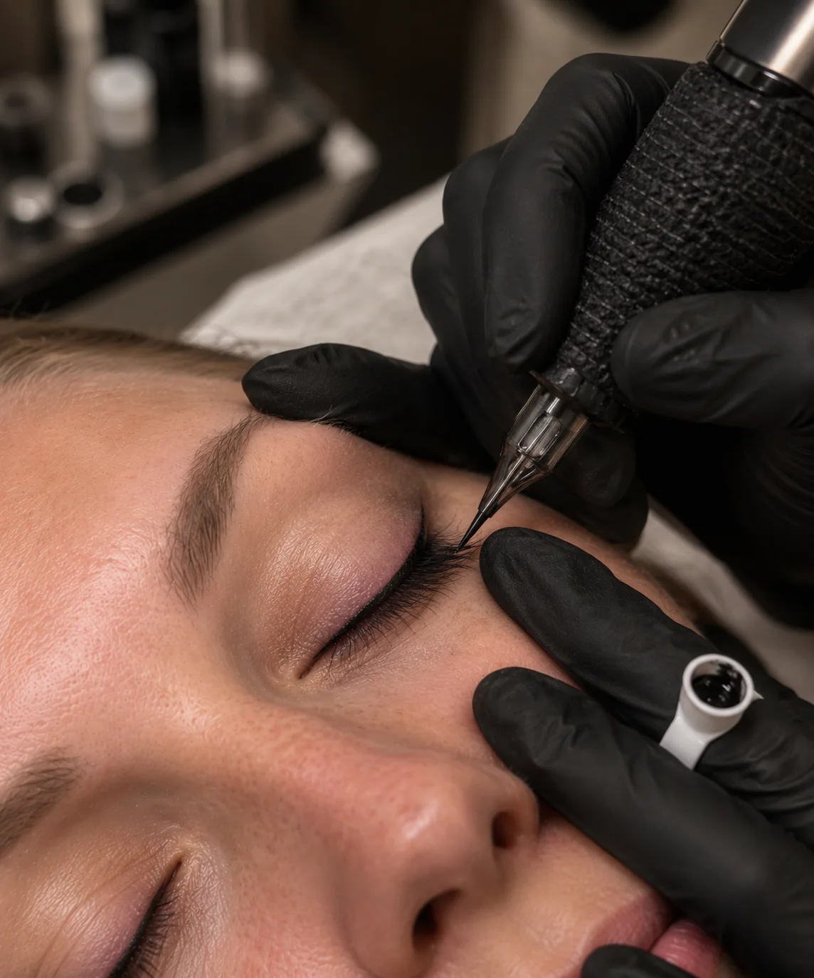 Gros plan pendant une prestation d’eyeliner permanent
