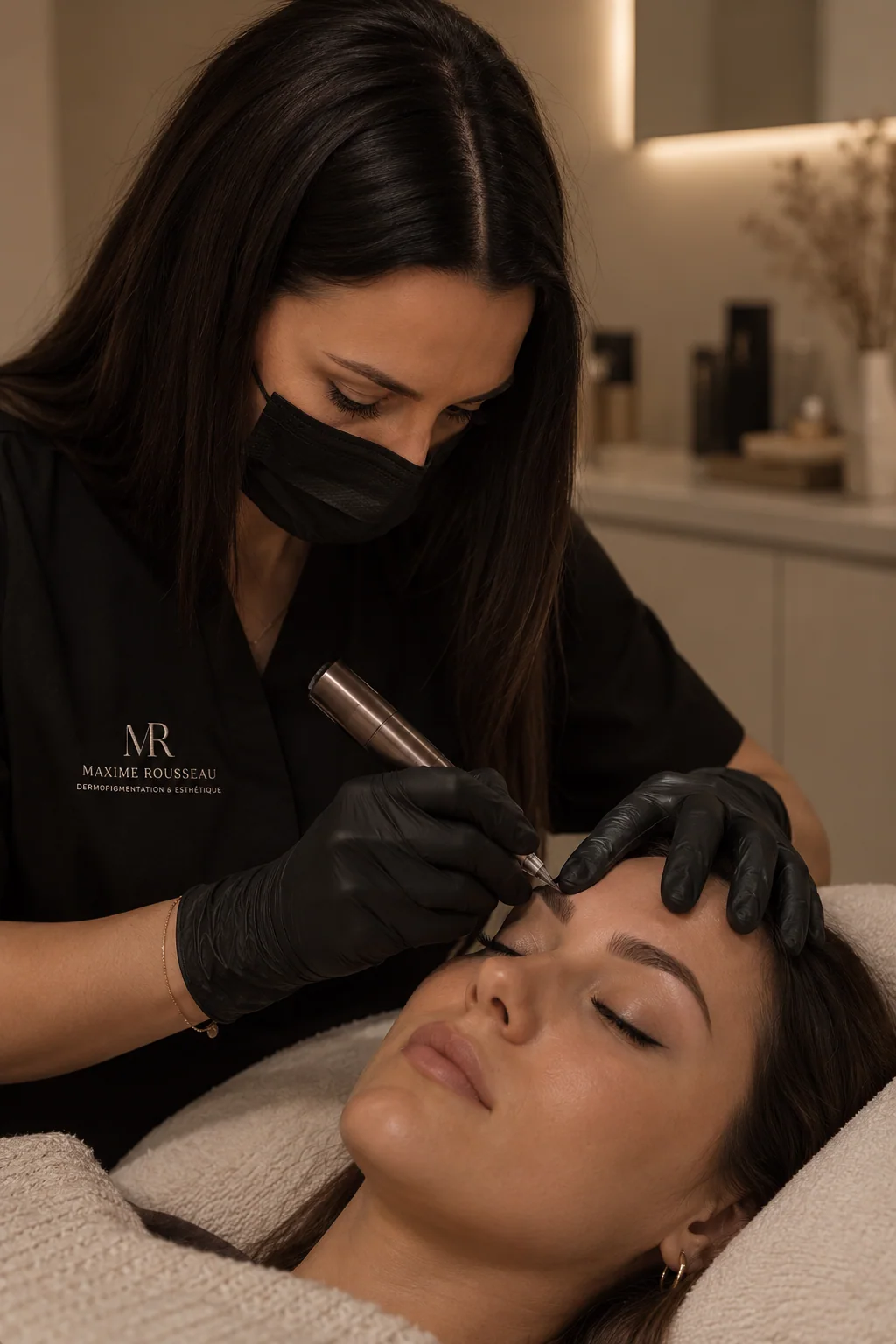 Pratique sur modèle pendant une reconstruction des sourcils