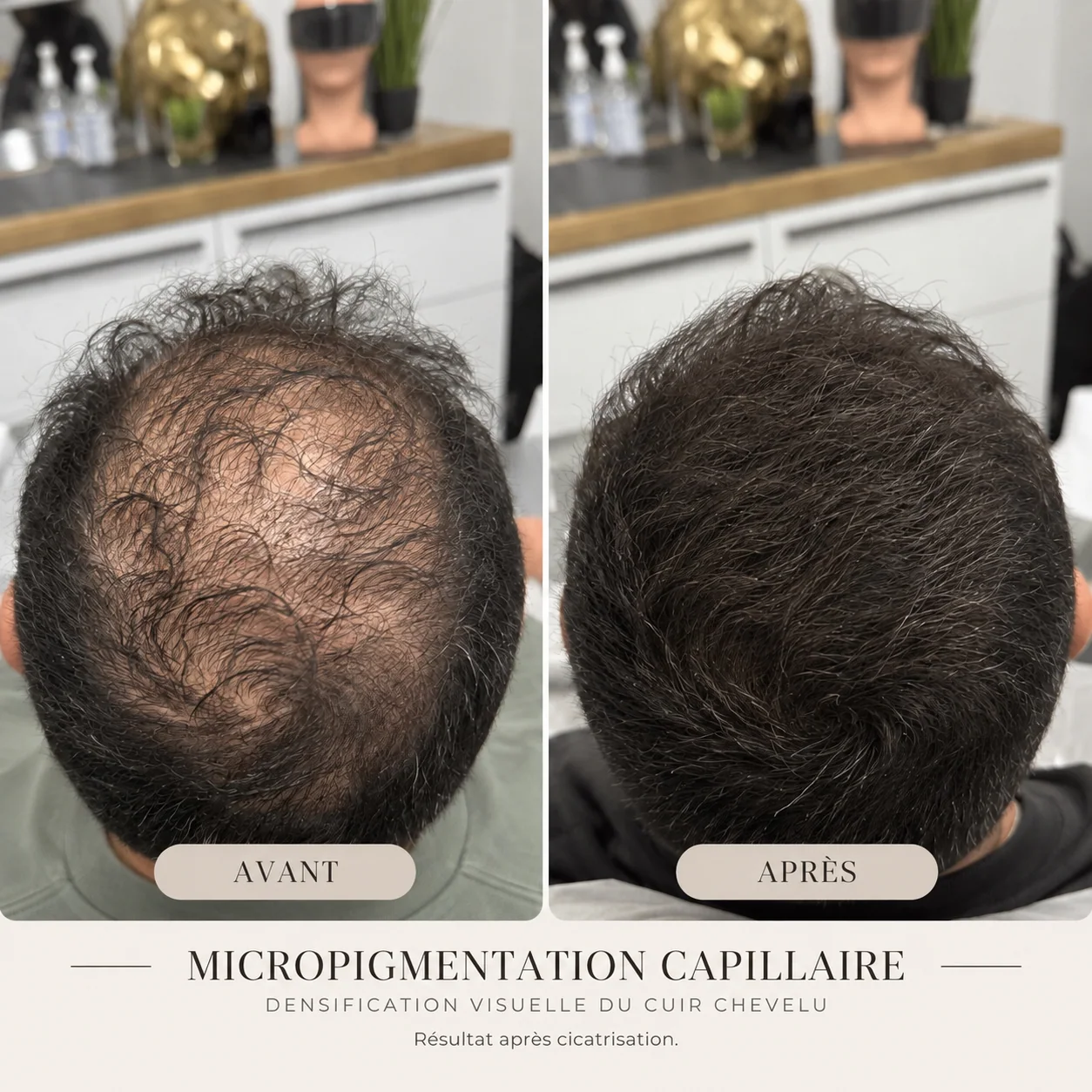 Avant et après une trichopigmentation de densification